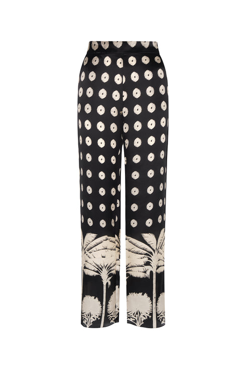 Santo Tomas Satin Silk Pants / Black Mini Palms Cream