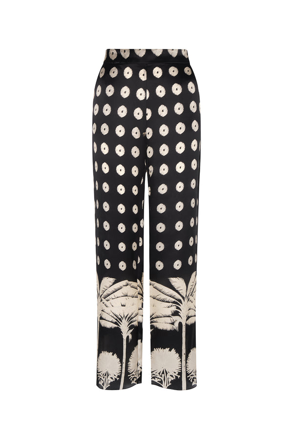 Santo Tomas Satin Silk Pants / Black Mini Palms Cream