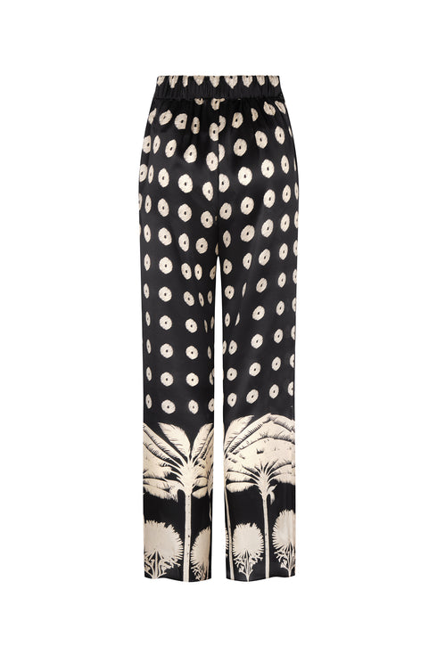 Santo Tomas Satin Silk Pants / Black Mini Palms Cream